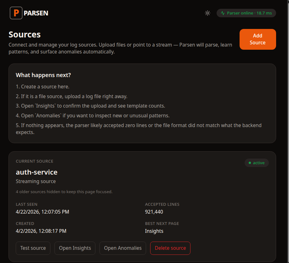 PARSEN sources screen showing a streaming source, accepted lines, and next steps for opening insights or anomalies.